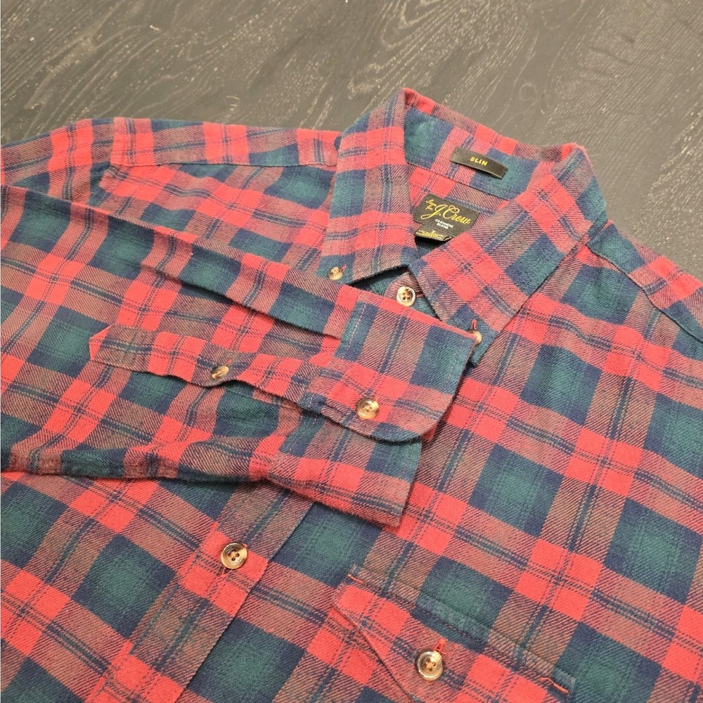 J.‎ Crew Mens Slim Fit Cotton Cashmere Blend Flannel Plaid Shirt Red Green Large